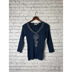 24 Karat Women's Blue Cotton Embroidered V-Neck Top Size Large